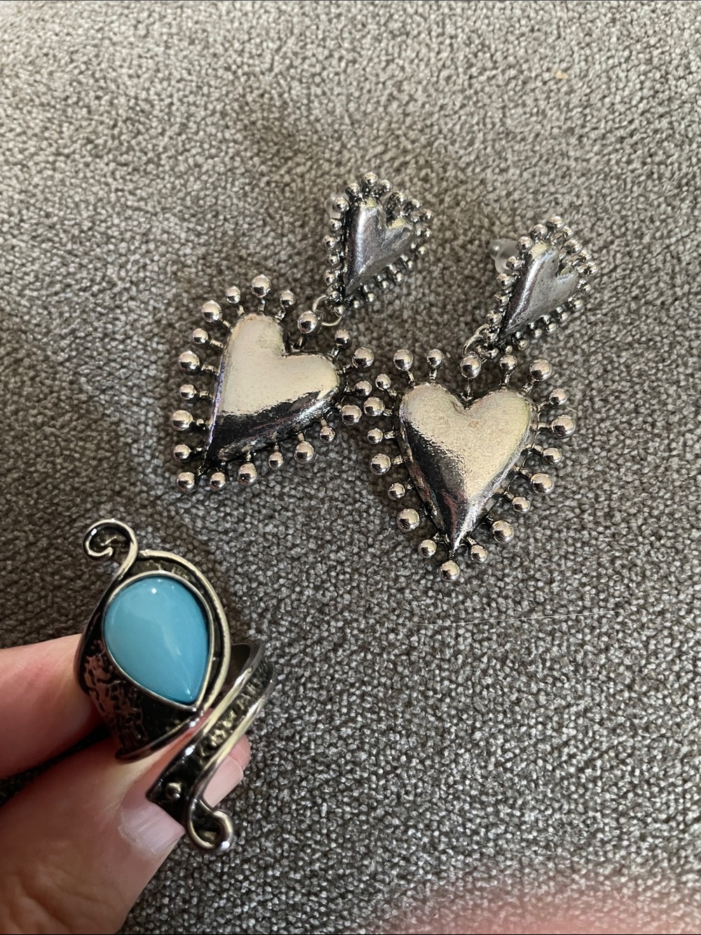 Silver Heart Drop Earrings with Turquoise Accent Ring